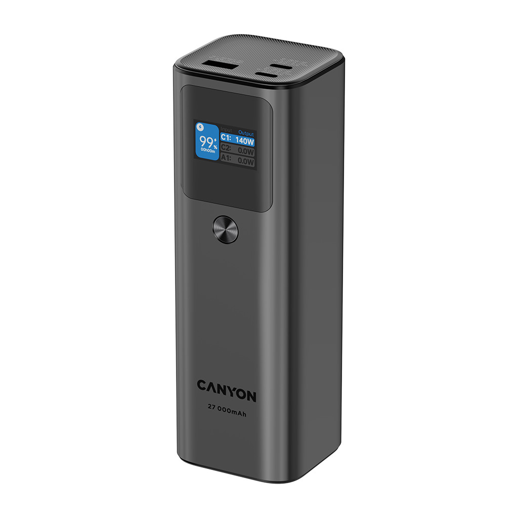 CANYON Power Bank PB-2010 TFT 27000 mAh 97.2Wh PD140W QC 3.0 tamno siva - Ogromna snaga, brzo punjenje, TFT ekran, aluminijsko kućište