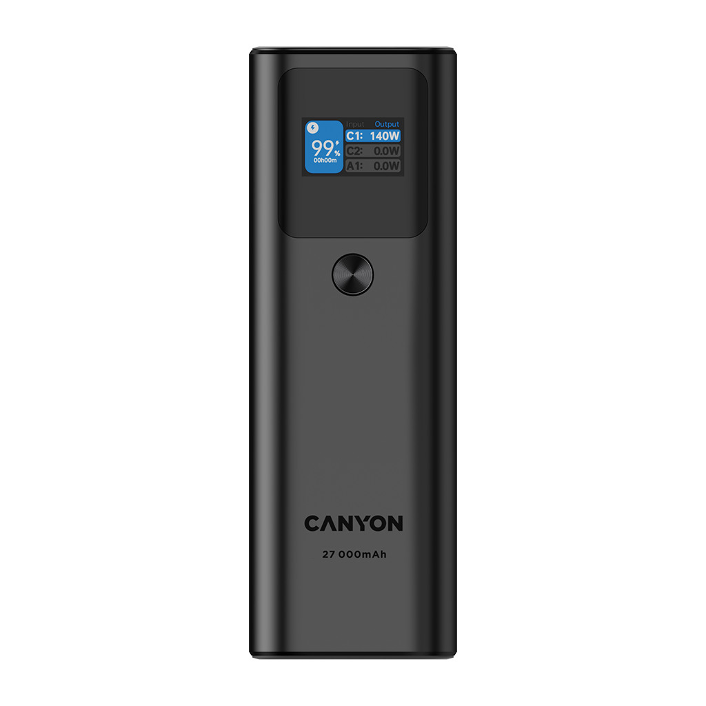 CANYON Power Bank PB-2010 TFT 27000 mAh 97.2Wh PD140W QC 3.0 tamno siva - Ogromna snaga, brzo punjenje, TFT ekran, aluminijsko kućište