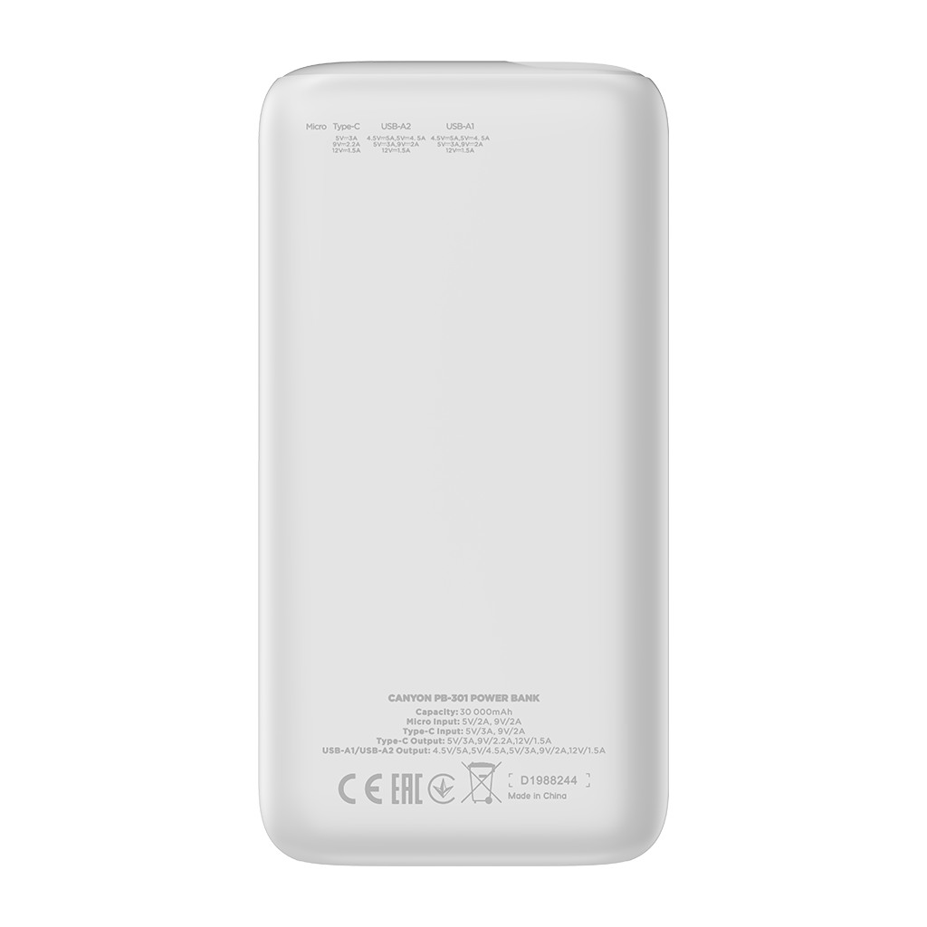 CANYON PB-301Power bank 30000mAh Li-poly batteryInput Micro:DC5V/2A9V/2A Input Type c PD:DC5V/3A 9V/2AOutput Type C PD:5V/3A9V/2.2A12V/1.5AOutput