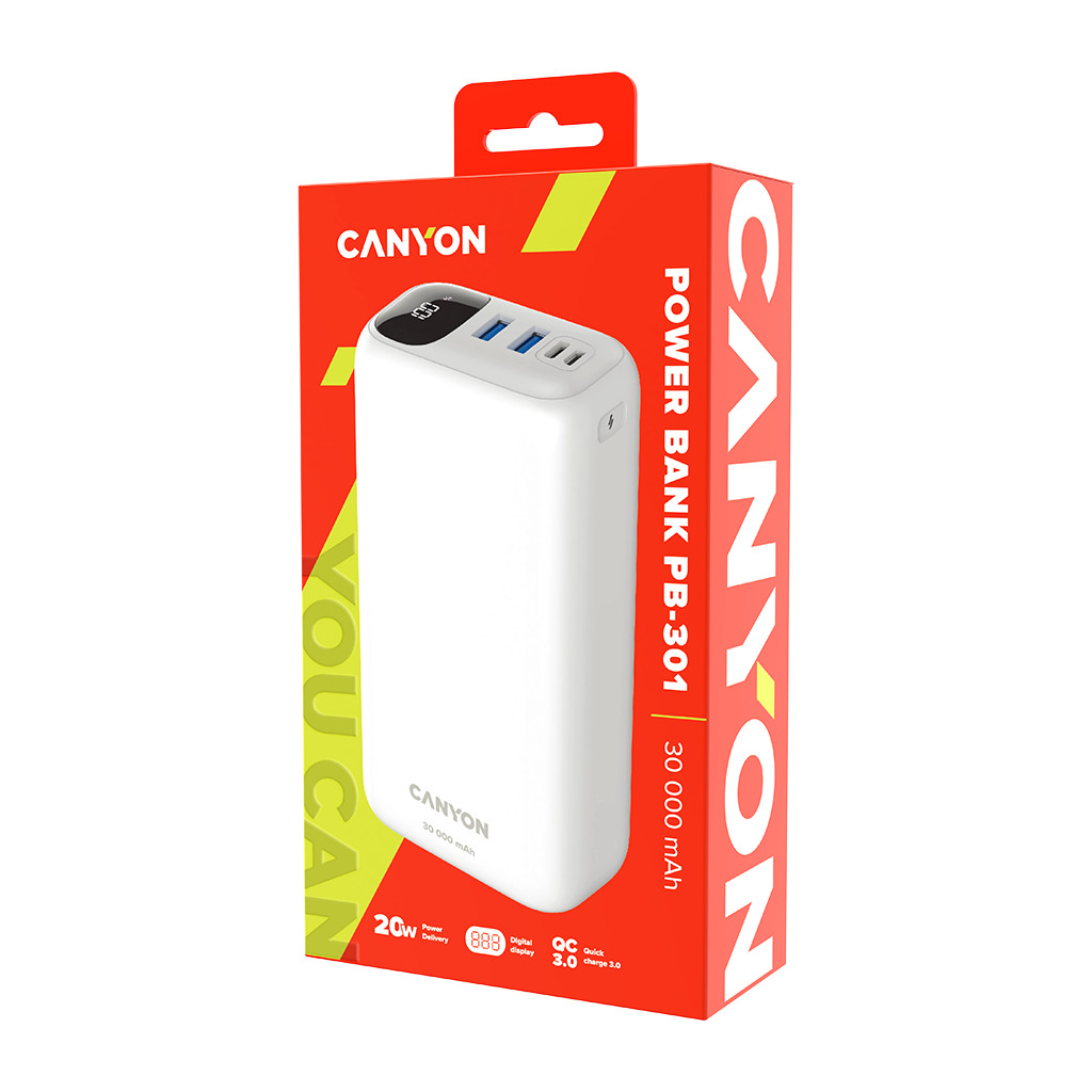 CANYON PB-301Power bank 30000mAh Li-poly batteryInput Micro:DC5V/2A9V/2A Input Type c PD:DC5V/3A 9V/2AOutput Type C PD:5V/3A9V/2.2A12V/1.5AOutput