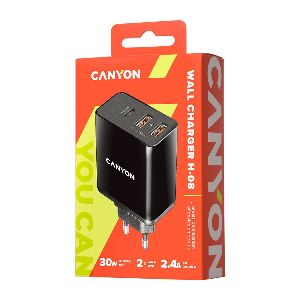 CANYON H-08 Universal 3xUSB AC charger in wall with over-voltage protection1 USB-C with PD Quick