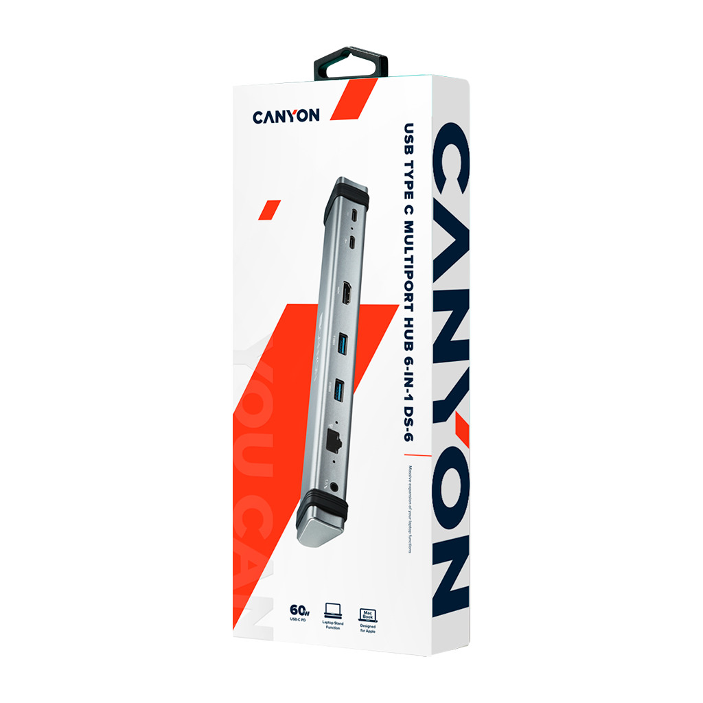 CANYON DS-6 Multiport Docking Station with 7 ports: 2*Type C+1*HDMI+2*USB3.0+1*RJ45+1*audio 3.5mm Input 100-240V Output USB-C