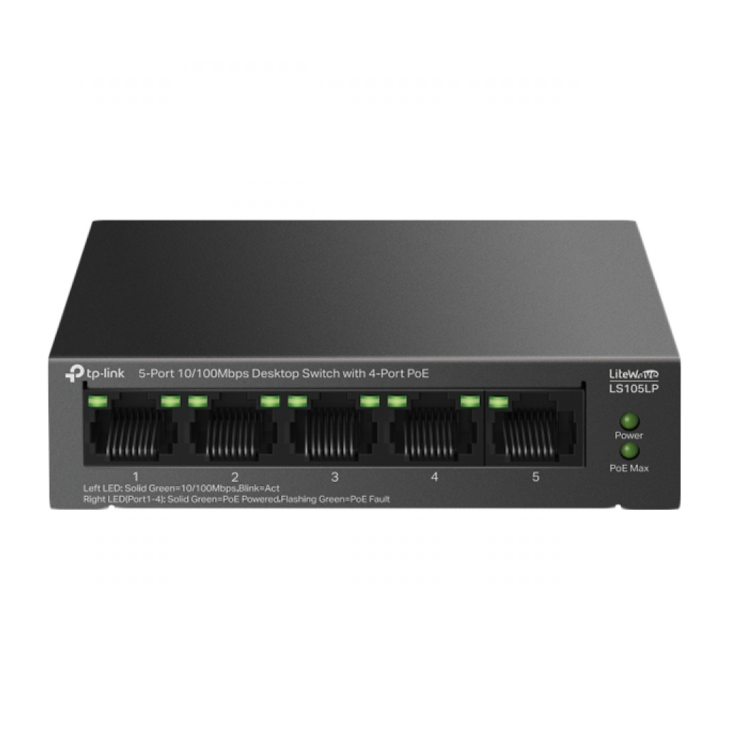 TP-Link LS105LP 5-Port 10/100 Mbps Desktop Switch with 4-Port PoE 4× 10/100 Mbps PoE Ports