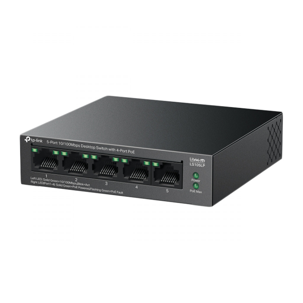 TP-Link LS105LP 5-Port 10/100 Mbps Desktop Switch with 4-Port PoE 4× 10/100 Mbps PoE Ports - Image 2