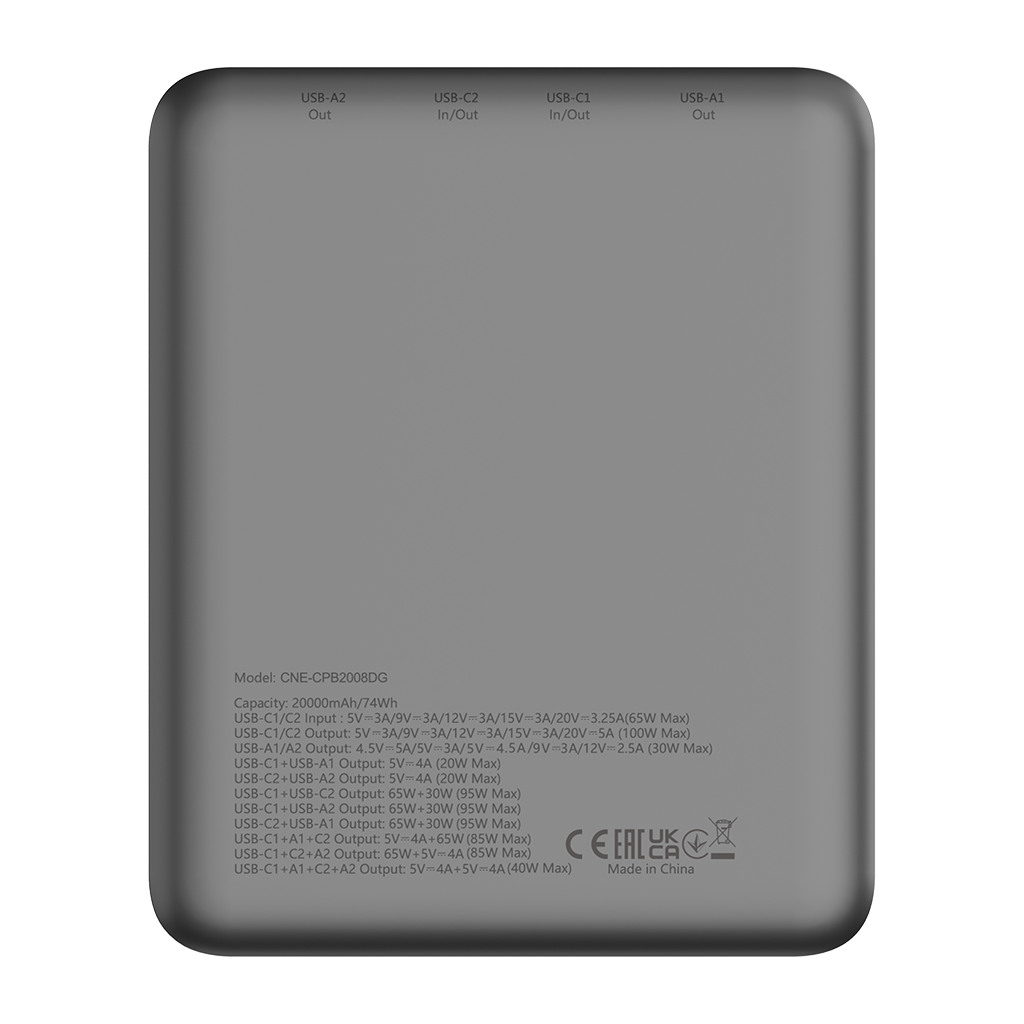 CANYON power bank PB-2008 LED FLAT 20000 mAh PD100W QC3.0 Dark Grey