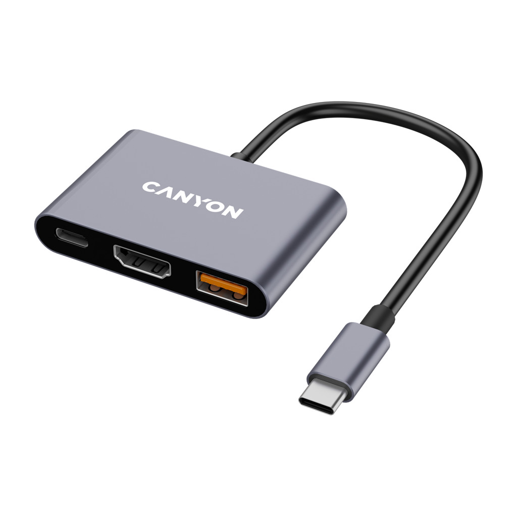 CANYON USB-C Hub DS-4 3in1 Sivi - USB-C 3.2 Gen 1, USB-A 3.2 Gen 1, HDMI 4K@30Hz, USB-C Power Delivery