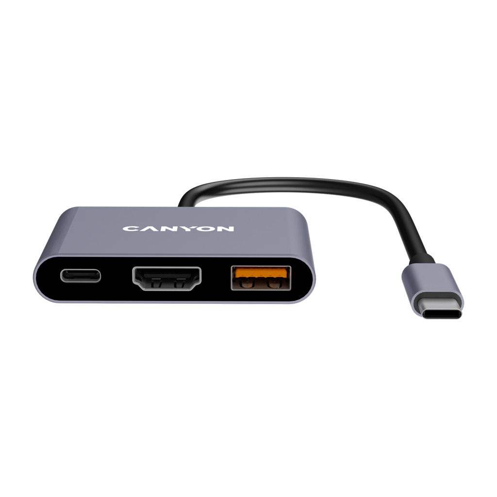 CANYON USB-C Hub DS-4 3in1 Sivi - USB-C 3.2 Gen 1, USB-A 3.2 Gen 1, HDMI 4K@30Hz, USB-C Power Delivery