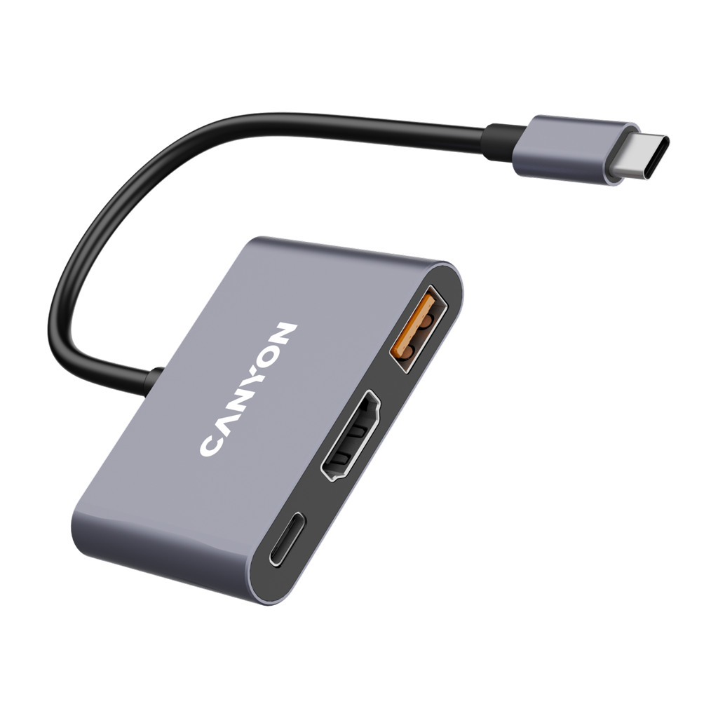 CANYON USB-C Hub DS-4 3in1 Sivi - USB-C 3.2 Gen 1, USB-A 3.2 Gen 1, HDMI 4K@30Hz, USB-C Power Delivery