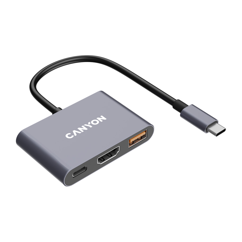 CANYON USB-C Hub DS-4 3in1 Sivi - USB-C 3.2 Gen 1, USB-A 3.2 Gen 1, HDMI 4K@30Hz, USB-C Power Delivery