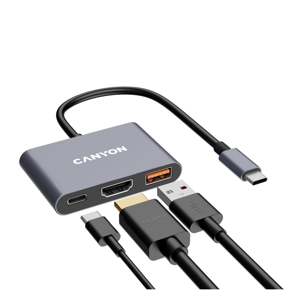 CANYON USB-C Hub DS-4 3in1 Sivi - USB-C 3.2 Gen 1, USB-A 3.2 Gen 1, HDMI 4K@30Hz, USB-C Power Delivery