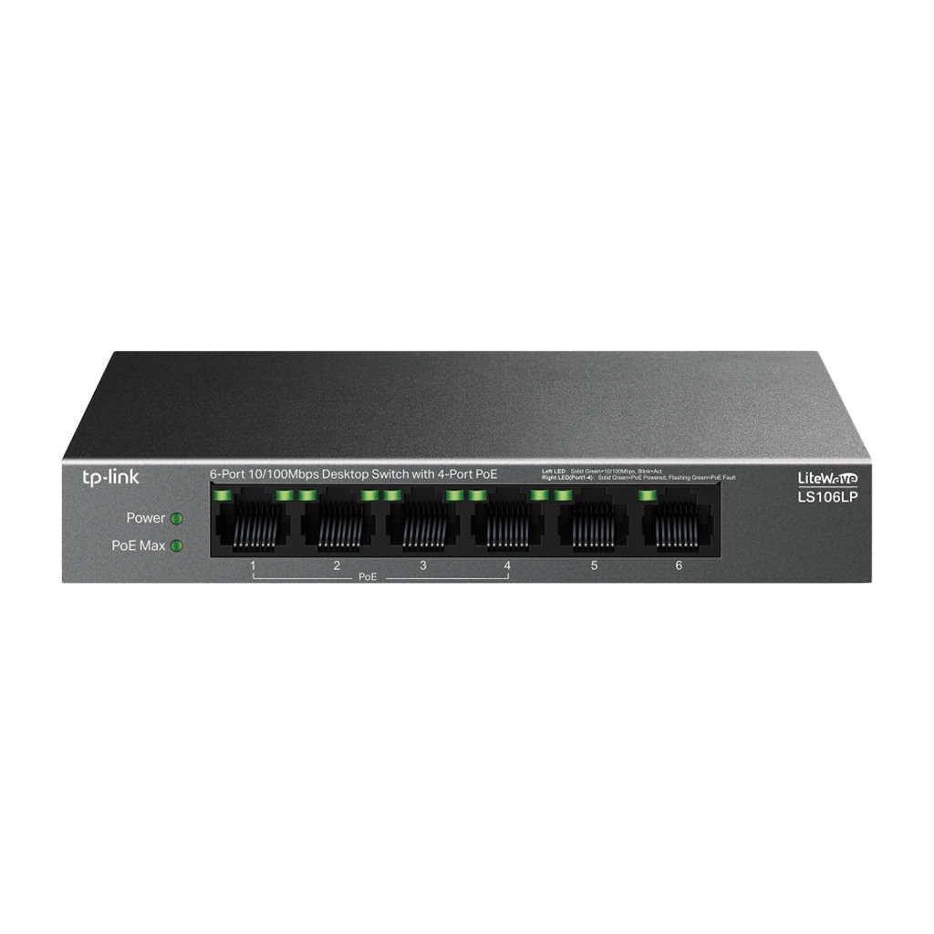 TP-Link LS106LP 6-Port 10/100 Mbps Desktop Switch with 4-Port PoE 4× 10/100 Mbps PoE Ports