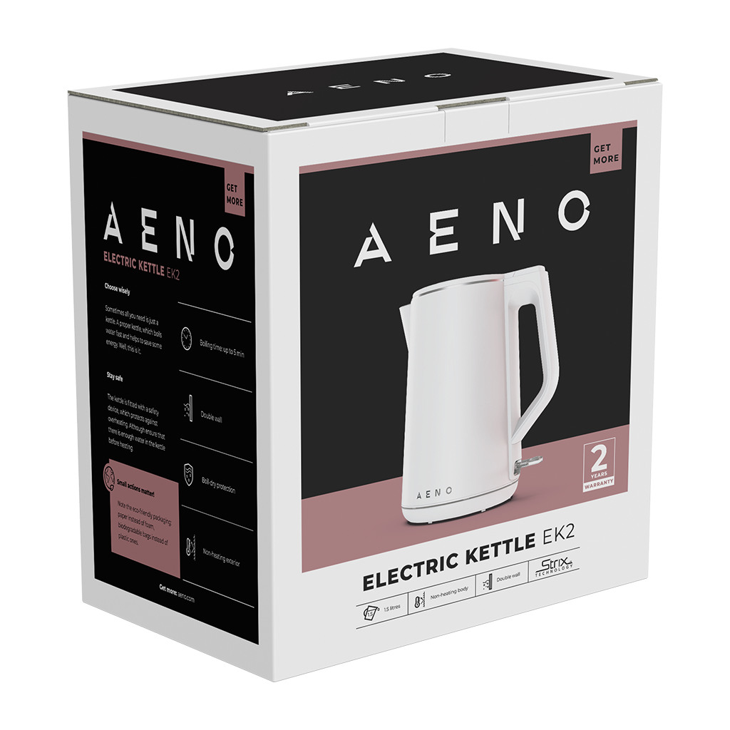 AENO Electric Kettle EK2: 1850-2200W 1.5L Strix Double-walls Non-heating body Auto Power Off Dry tank