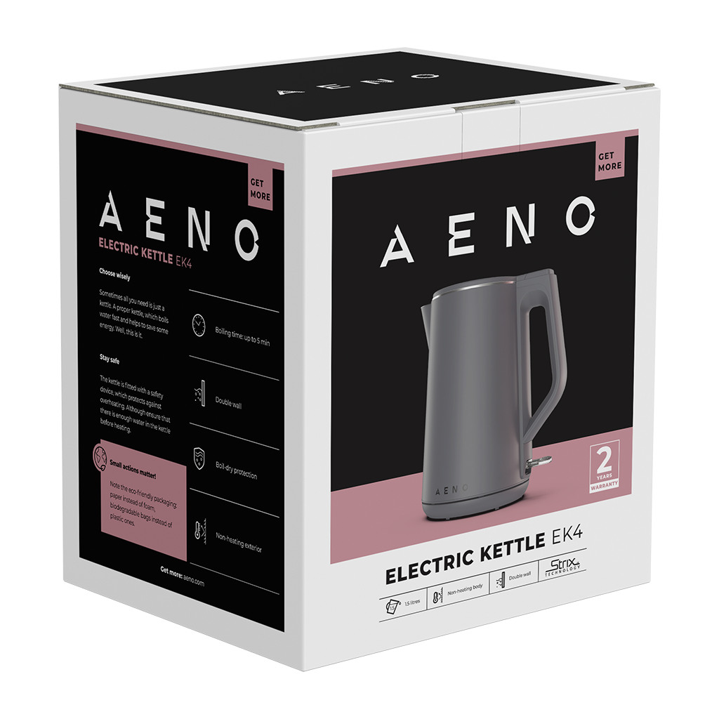 AENO Electric Kettle EK4: 1850-2200W 1.5L Strix Double-walls Non-heating body Auto Power Off Dry tank