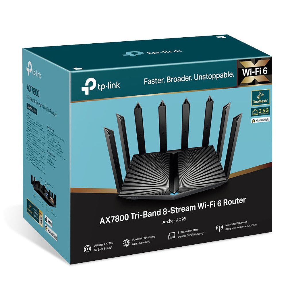 TP-Link Archer AX95 AX7800 Tri-Band WiFi 6 Ruter - 574Mbps na 2.4 GHz + 4804 Mbps