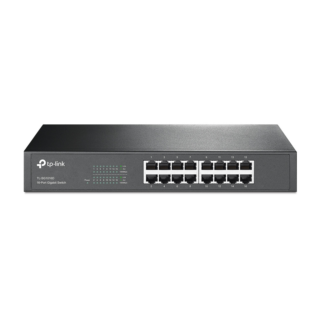 TP-Link 16-Port Gigabit Desktop/Rackmount Switch 16 10/100/1000M RJ45 ports 1U 13-inch rack-mountable steel case energy-efficient