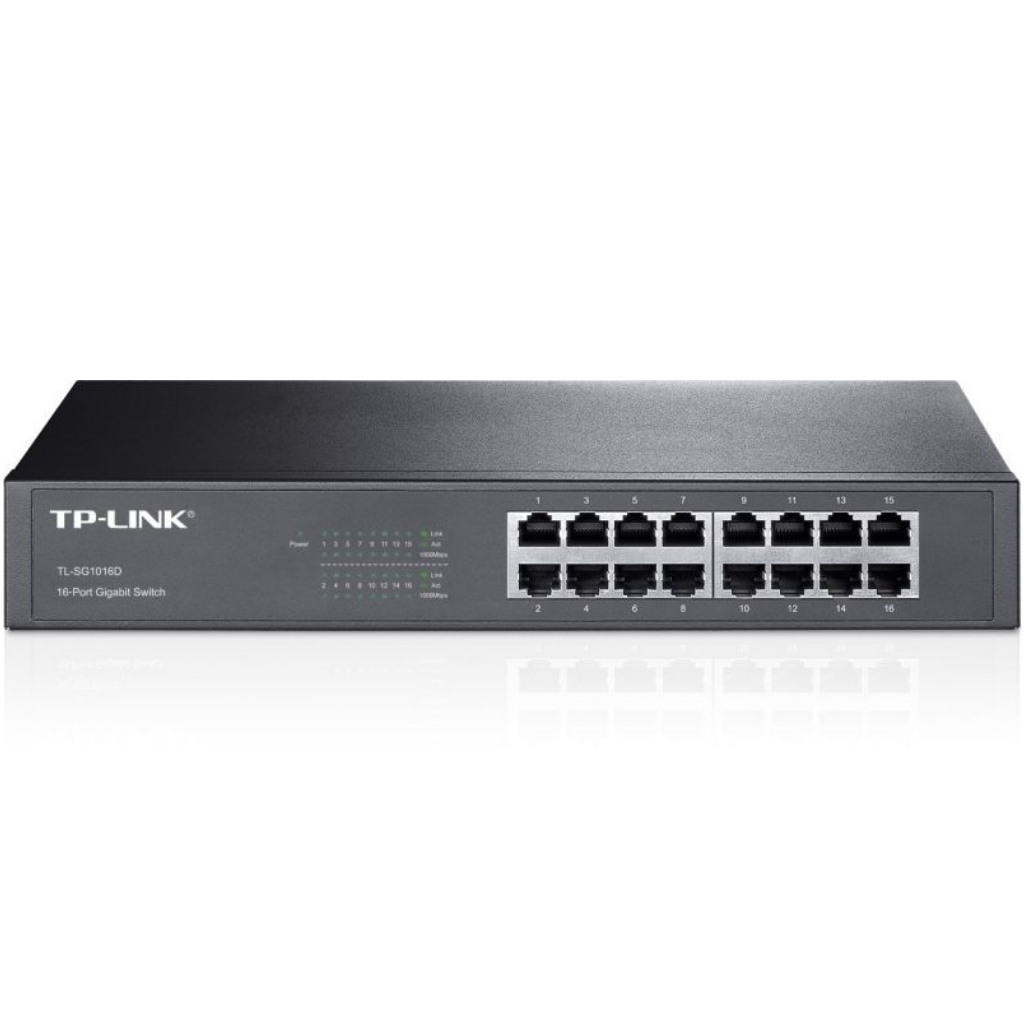 TP-Link 16-Port Gigabit Desktop/Rackmount Switch 16 10/100/1000M RJ45 ports 1U 13-inch rack-mountable steel case energy-efficient