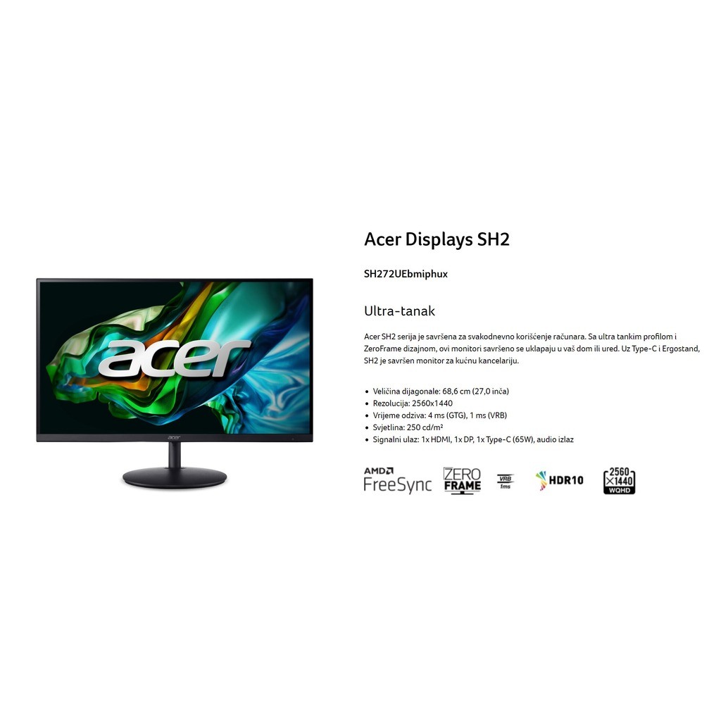 Acer SH272U 27" QHD Monitor, 100Hz, 1ms, IPS, HDMI, DP, USB-C 65W, Tilt & Swivel