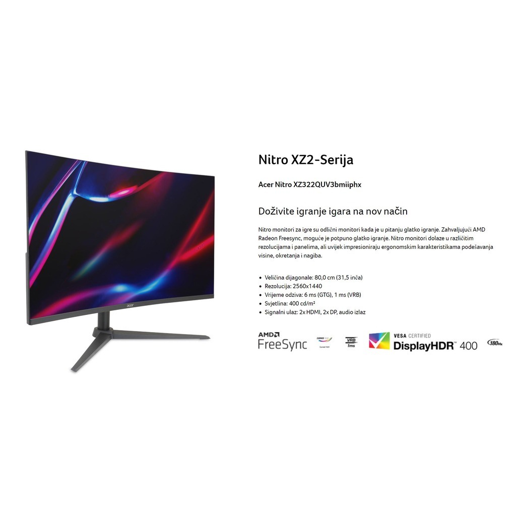 Acer Nitro XZ2 32" QHD Monitor, 180Hz, 1ms, VA, HDMI, DP, VESA, Crna