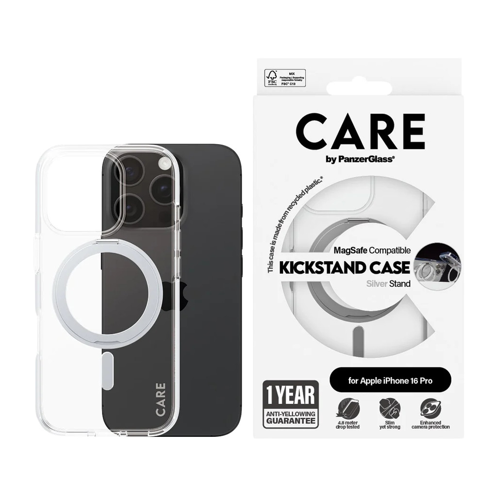 CARE by PanzerGlass Feature Case Transparent w. Silver Kickstand & MagSafe iPhone 16 Pro