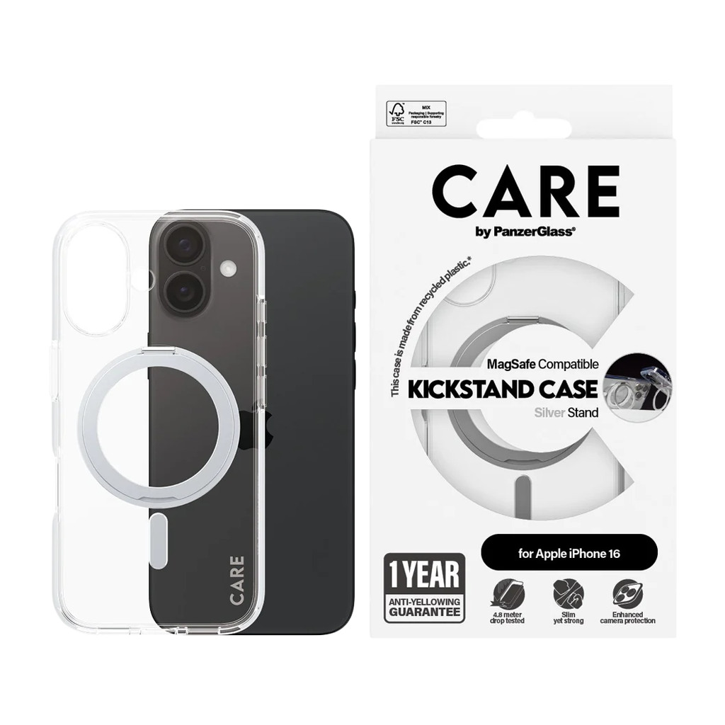 CARE by PanzerGlass Feature Case Transparent w. Silver Kickstand & MagSafe iPhone 16