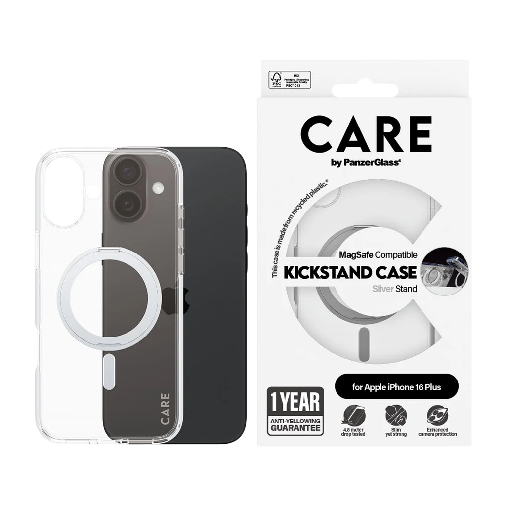 CARE by PanzerGlass Feature Case Transparent w. Silver Kickstand & MagSafe iPhone 16 Plus