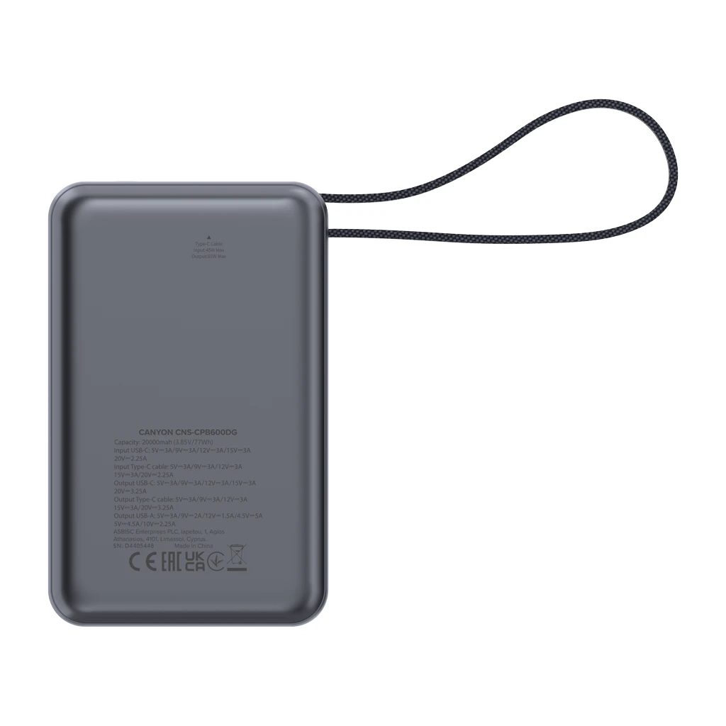 CANYON power bank OnPower 600 built-in cable 20000 mAh PD65W Dark Grey - Image 5