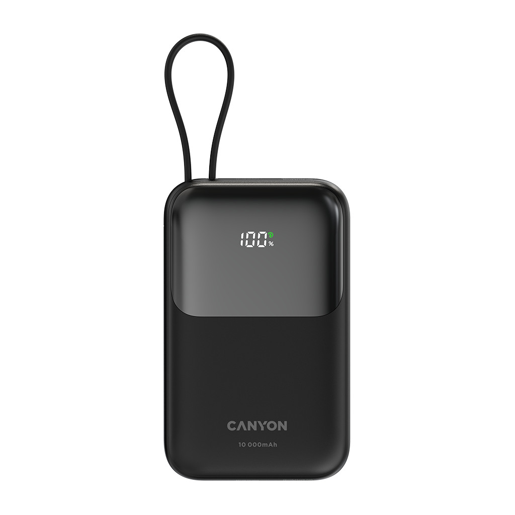 CANYON Prenosna Baterija OnPower 101 - 10000mAh, 22.5W, Ugrađeni Kabl, Crna