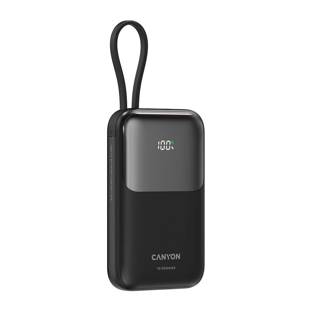 CANYON Prenosna Baterija OnPower 101 - 10000mAh, 22.5W, Ugrađeni Kabl, Crna - Image 3