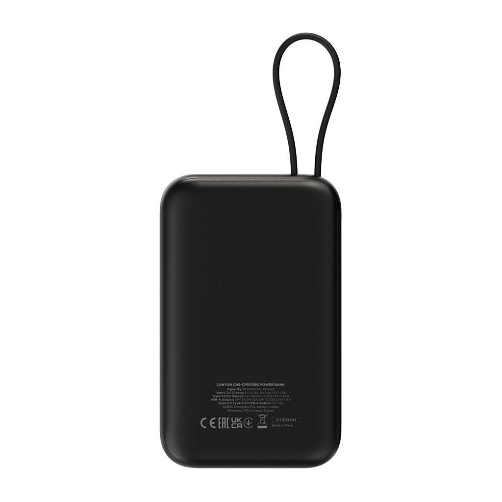 CANYON Prenosna Baterija OnPower 101 - 10000mAh, 22.5W, Ugrađeni Kabl, Crna - Image 4