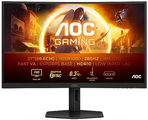 AOC Gaming Monitor C27G4ZXU - 27" Full HD, 280Hz, 1ms, Full Ergo FreeSync Premium