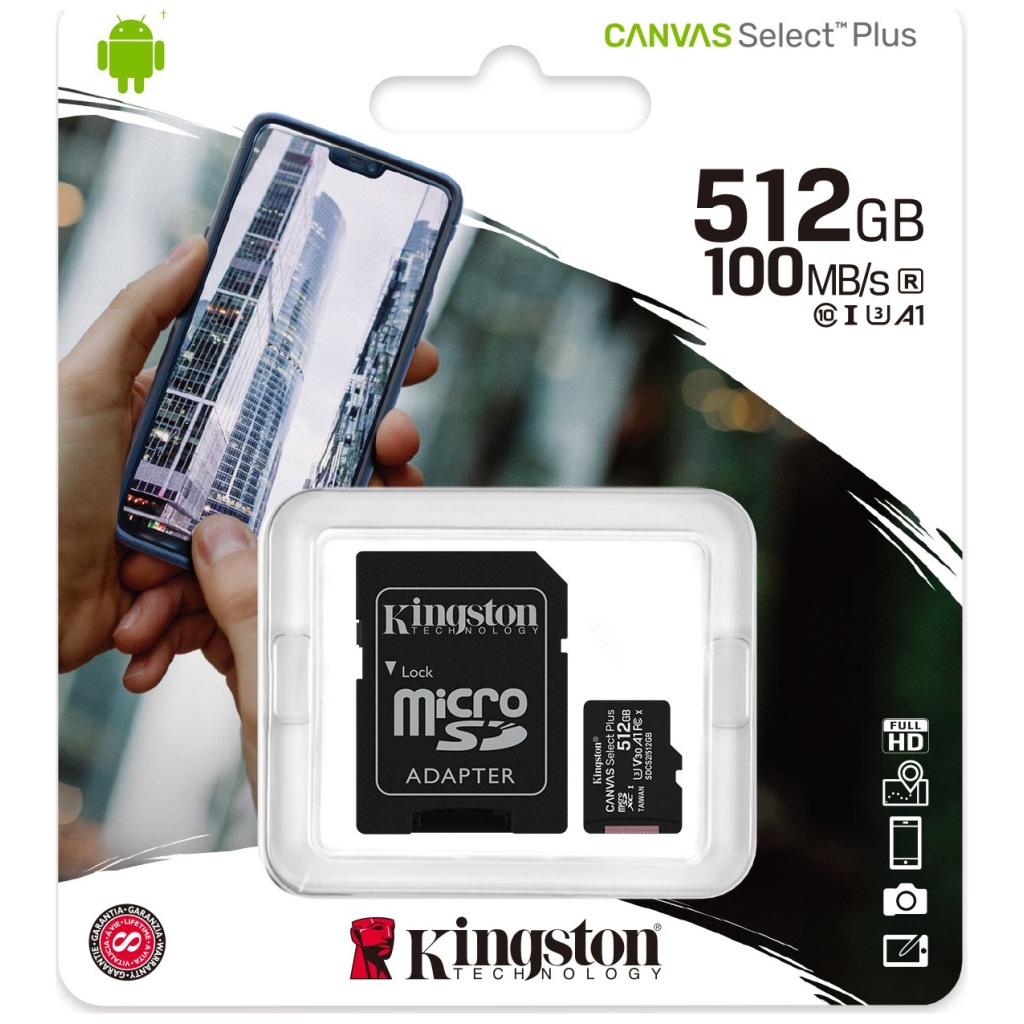 Kingston MicroSD 512GB Class10Canvas Select Plus;SD adapter100/85MBs,Class 10 UHS-I, U3, V30